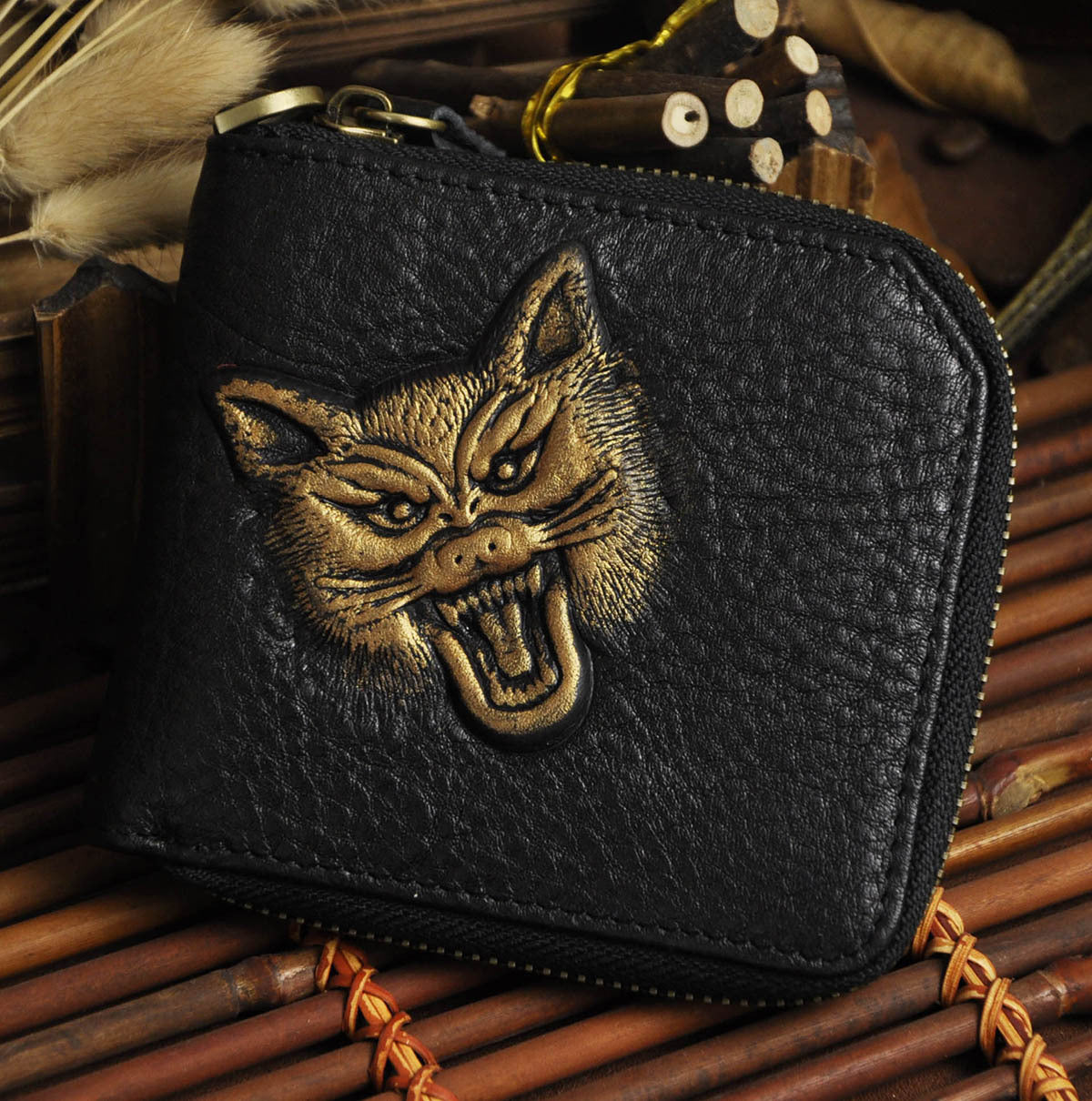 Leather Animal Emboss Zipper Around Wallet