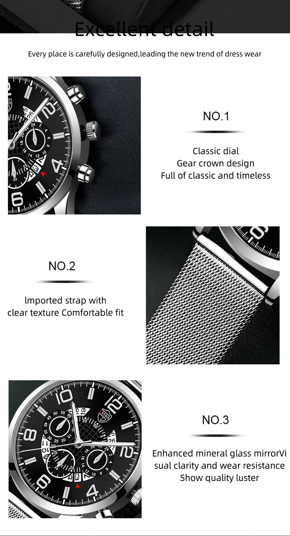 DEYROS Luxury Mens Silver Mesh Belt Stainless Steel Watches Men