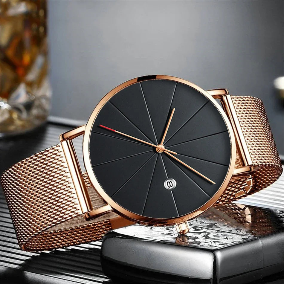 Watches for Men Luxury Fashion Mens Business Watch Ultra Thin Thin Stainless Steel Mesh Belt Quartz Wrist Watch reloj hombre