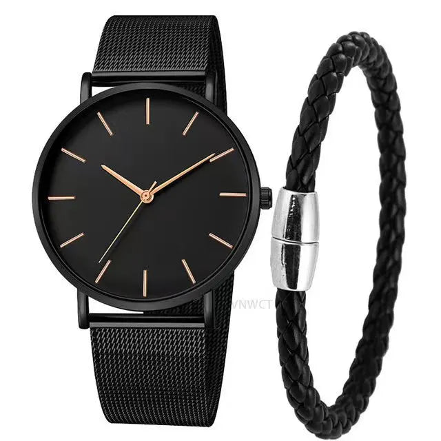 2pc Simple Black Quartz Watch With Bracelet