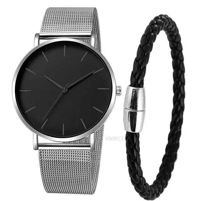 2pc Simple Black Quartz Watch With Bracelet