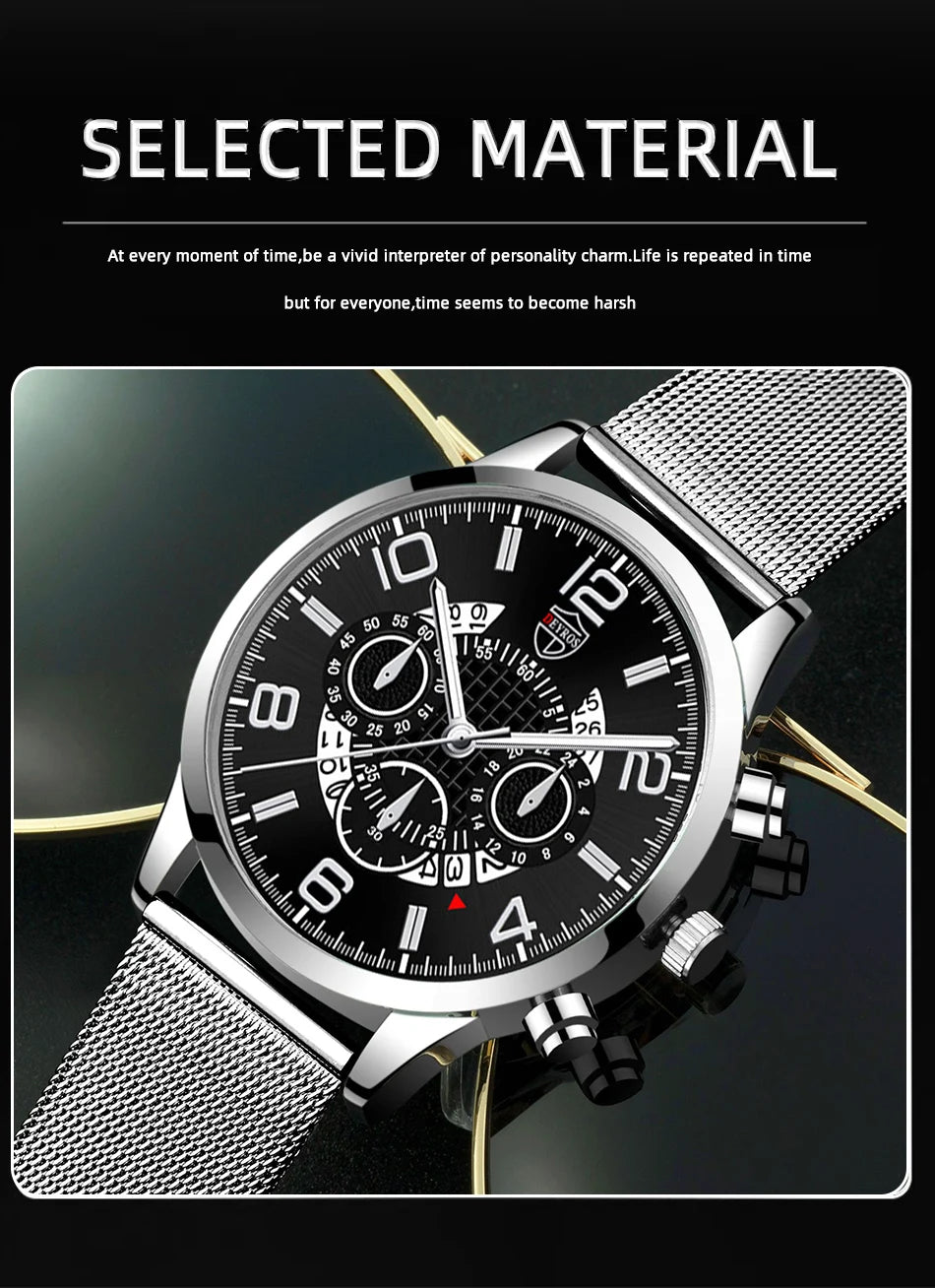 DEYROS Luxury Mens Silver Mesh Belt Stainless Steel Watches Men