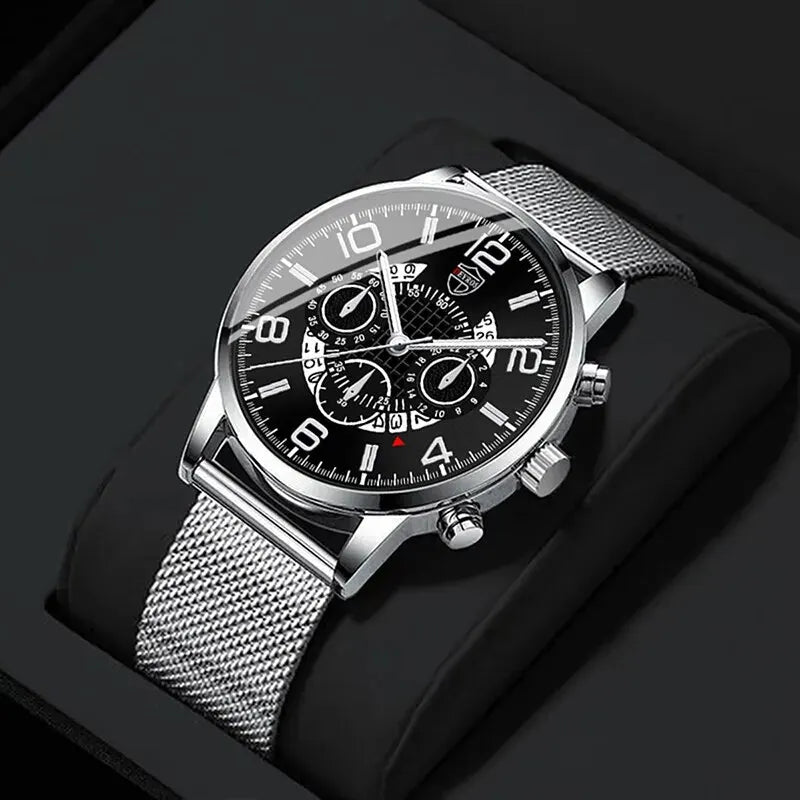 DEYROS Luxury Mens Silver Mesh Belt Stainless Steel Watches Men