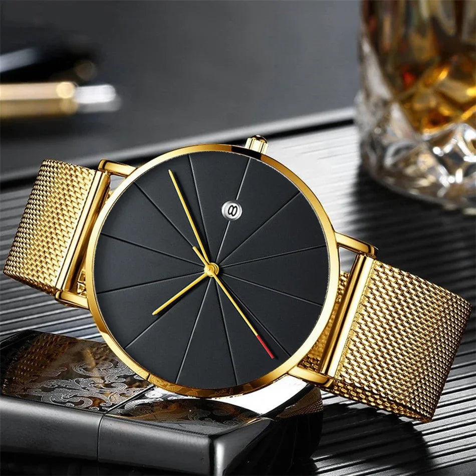 Watches for Men Luxury Fashion Mens Business Watch Ultra Thin Thin Stainless Steel Mesh Belt Quartz Wrist Watch reloj hombre